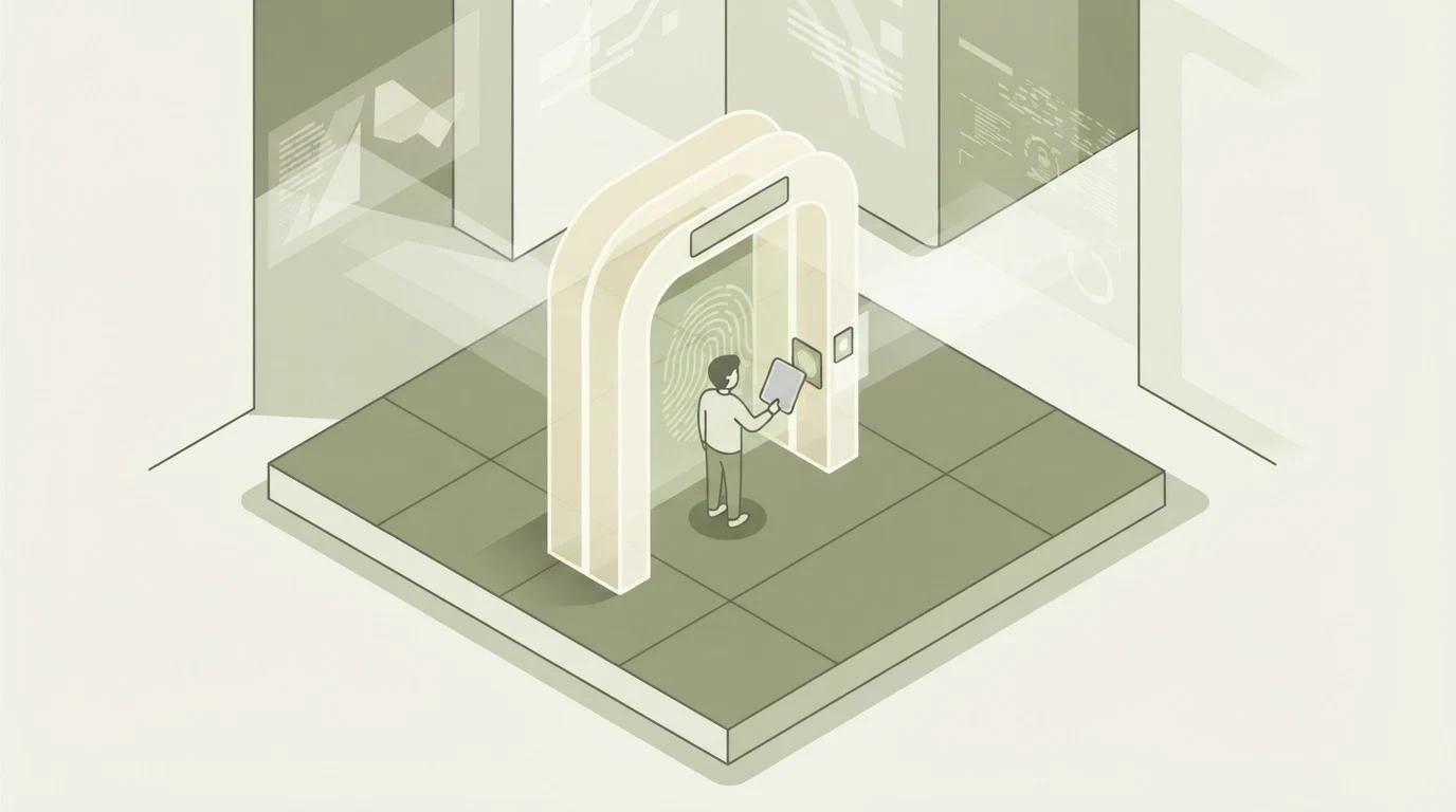 Isometric illustration of an identity checkpoint gateway before platform entry