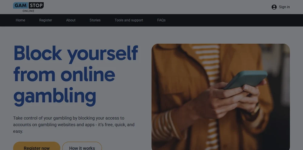 Screenshot of the GAMSTOP website homepage offering UK gambling self-exclusion