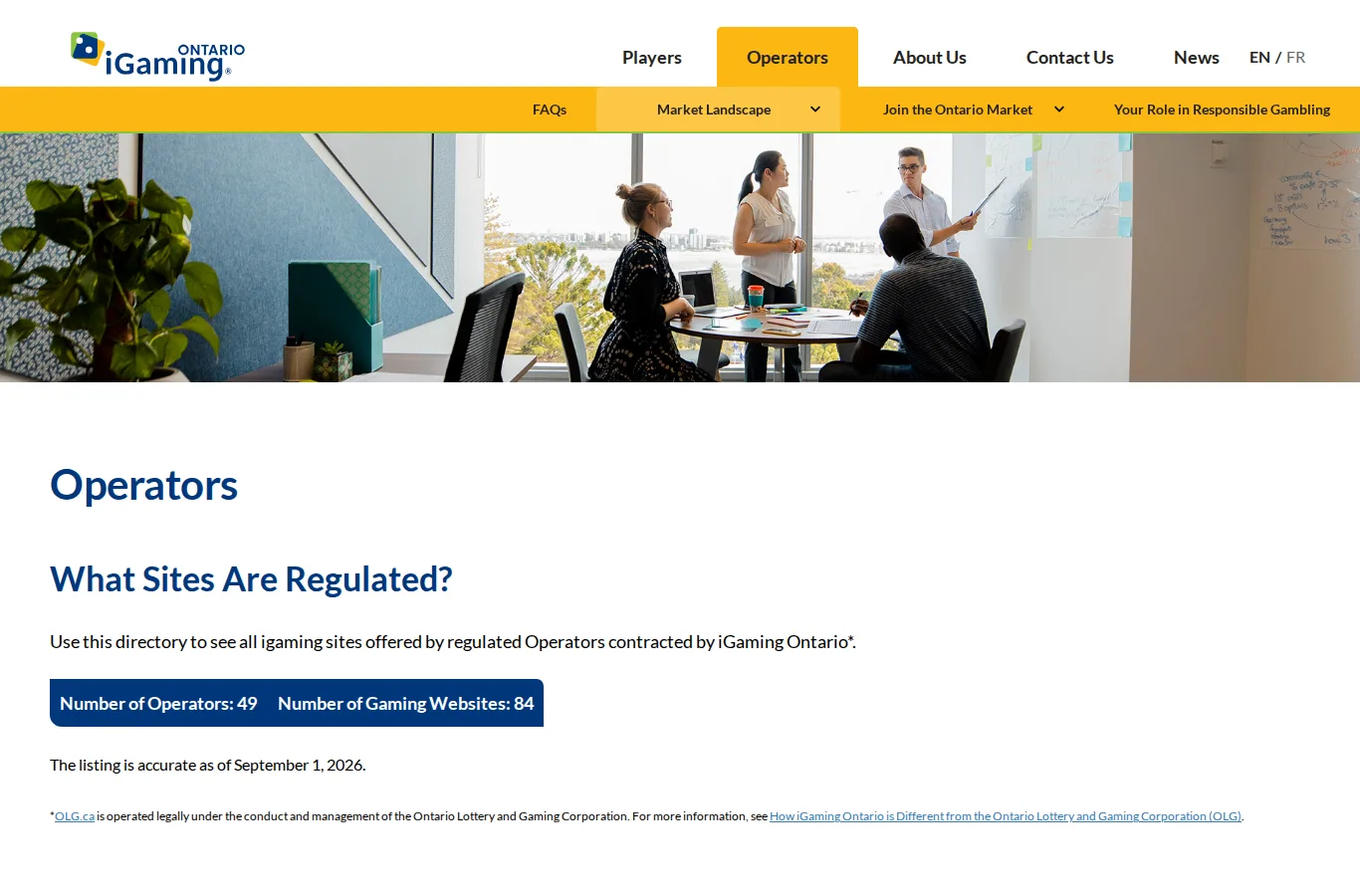 Screenshot of iGaming Ontario's public operator directory listing 49 operators