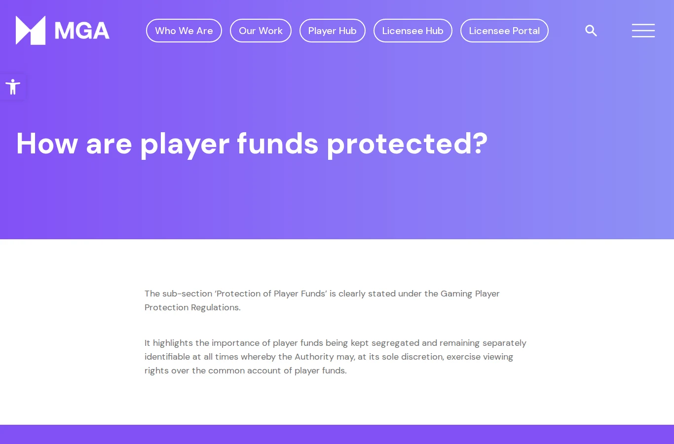 Malta Gaming Authority FAQ page explaining how licensed operators must segregate player funds