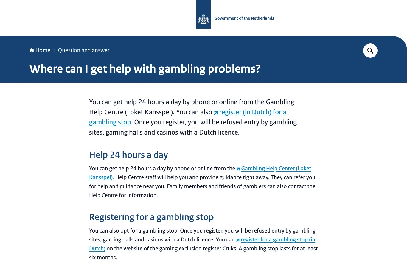 Official Dutch government page listing help resources for gambling problems