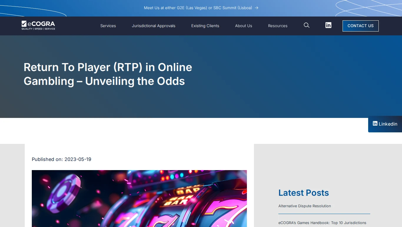 eCOGRA website page explaining what Return to Player means in online gambling