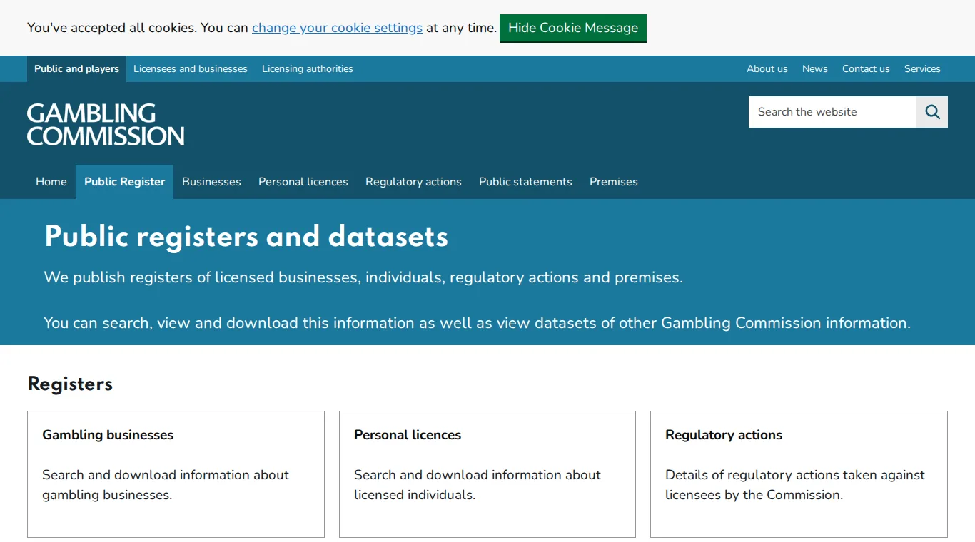 Screenshot of the UK Gambling Commission's public register landing page